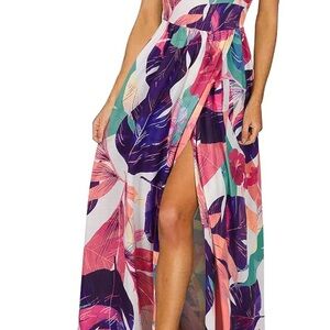 Casual Sleeveless Split Floral Sundress Beach Vacation Flowy Long Dresses Size S